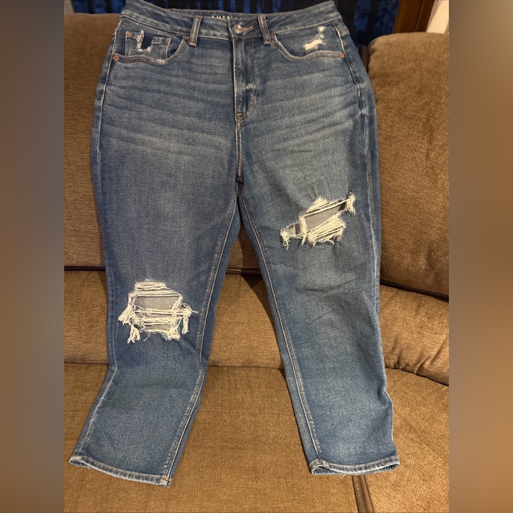 American Eagle Women Blue Distressed Mom Straight Stretch Jeans Size 10 Short